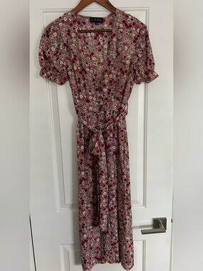In the Style Floral Maxi Dress Button Front Tie Waist Ruffle Sleeve Mauve sz 6